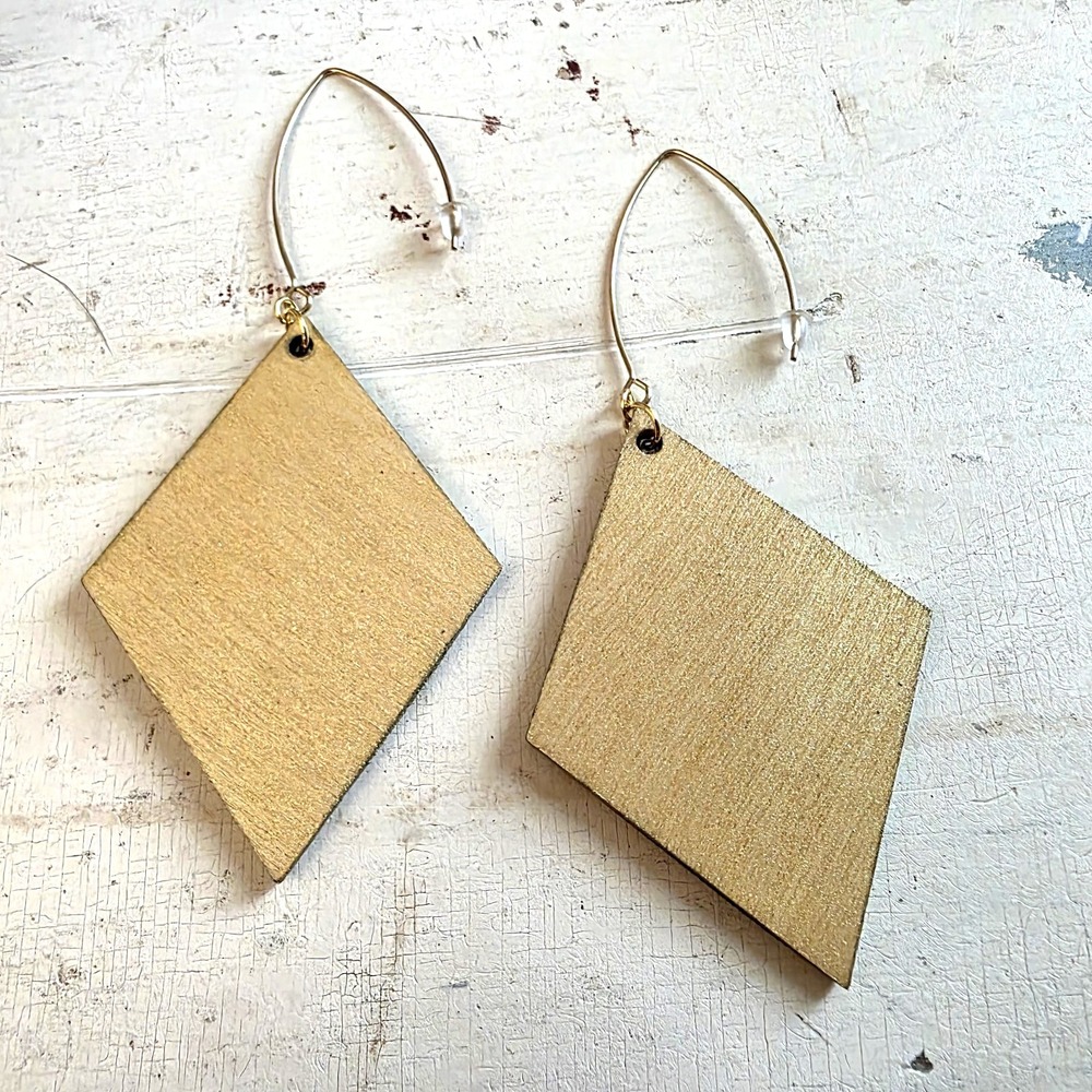 Handmade Abstract Wood Statement Earrings OOAK Blurple Gold‎ Metallic Dangles - Picture 6 of 7